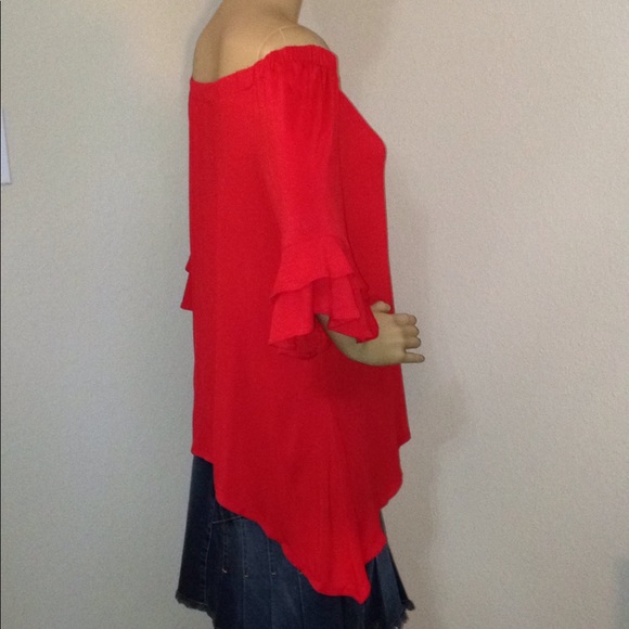 NY Collection Off Shoulder Bell Sleeve Hi-Low Top - Picture 6 of 8